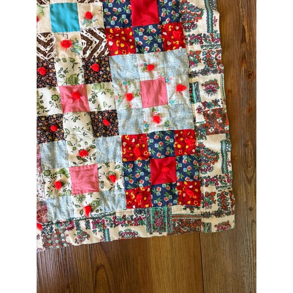 Vintage Handmade Patchwork Tied Quilt Multi-Color Floral Boho Throw 21x35